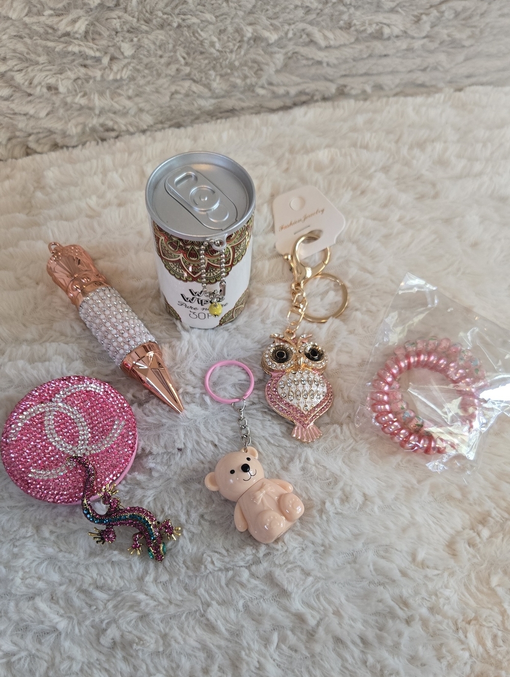 Women Accessories Pink Crystal Owl Keychain & Trinket Set